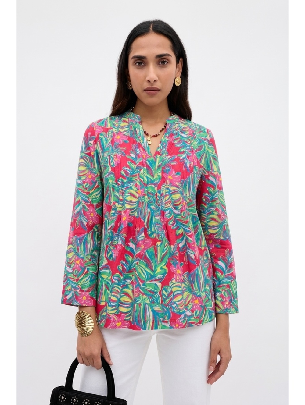 Lilly Pulitzer Pink Green Tropical Floral Long Sleeve Pintuck Tunic Top Small
